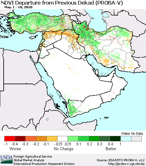 Middle East and Turkey NDVI Departure from Previous Dekad (PROBA-V) Thematic Map For 5/1/2020 - 5/10/2020