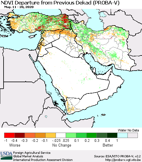 Middle East and Turkey NDVI Departure from Previous Dekad (PROBA-V) Thematic Map For 5/11/2020 - 5/20/2020