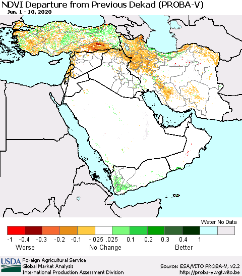 Middle East and Turkey NDVI Departure from Previous Dekad (PROBA-V) Thematic Map For 6/1/2020 - 6/10/2020