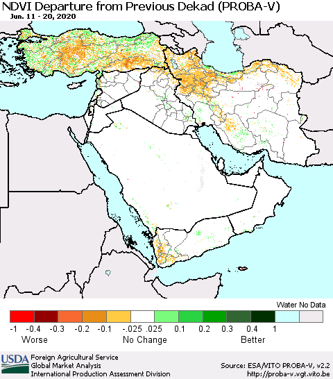 Middle East and Turkey NDVI Departure from Previous Dekad (PROBA-V) Thematic Map For 6/11/2020 - 6/20/2020