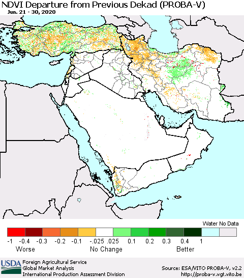 Middle East and Turkey NDVI Departure from Previous Dekad (PROBA-V) Thematic Map For 6/21/2020 - 6/30/2020
