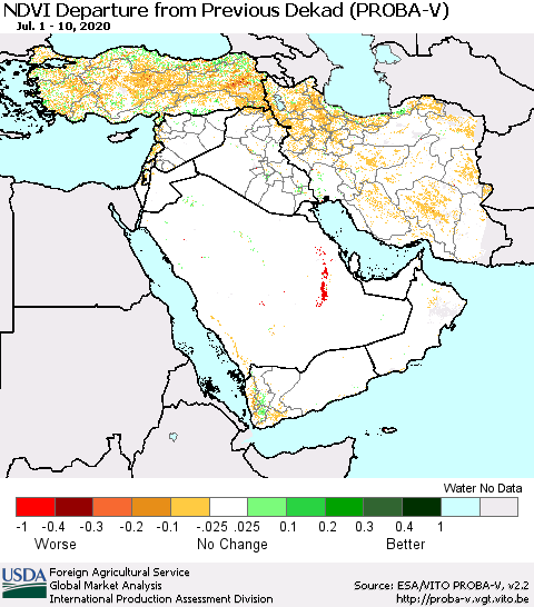 Middle East and Turkey NDVI Departure from Previous Dekad (PROBA-V) Thematic Map For 7/1/2020 - 7/10/2020