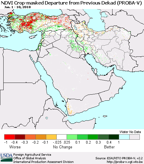 Middle East and Turkey NDVI Crop-masked Departure from Previous Dekad (PROBA-V) Thematic Map For 1/1/2018 - 1/10/2018