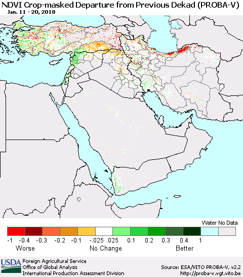 Middle East and Turkey NDVI Crop-masked Departure from Previous Dekad (PROBA-V) Thematic Map For 1/11/2018 - 1/20/2018