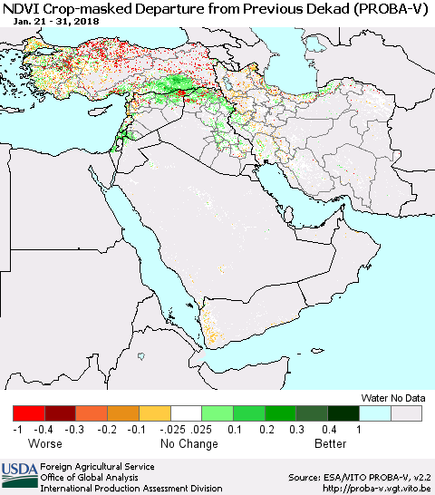 Middle East and Turkey NDVI Crop-masked Departure from Previous Dekad (PROBA-V) Thematic Map For 1/21/2018 - 1/31/2018