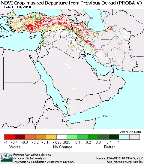Middle East and Turkey NDVI Crop-masked Departure from Previous Dekad (PROBA-V) Thematic Map For 2/1/2018 - 2/10/2018