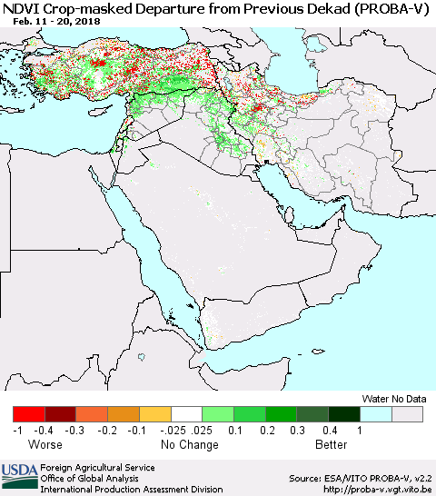 Middle East and Turkey NDVI Crop-masked Departure from Previous Dekad (PROBA-V) Thematic Map For 2/11/2018 - 2/20/2018