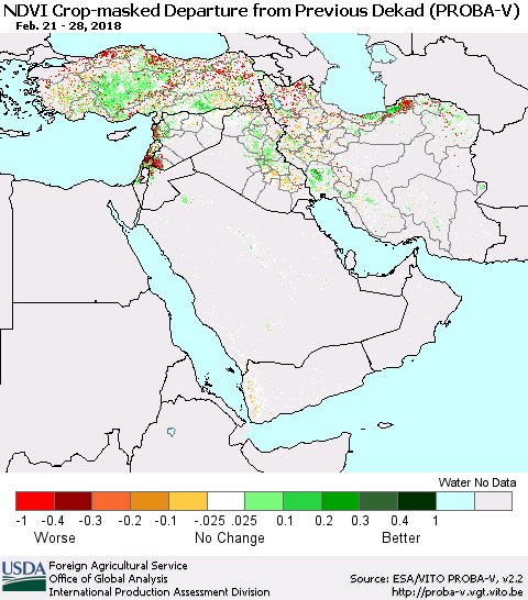 Middle East and Turkey NDVI Crop-masked Departure from Previous Dekad (PROBA-V) Thematic Map For 2/21/2018 - 2/28/2018