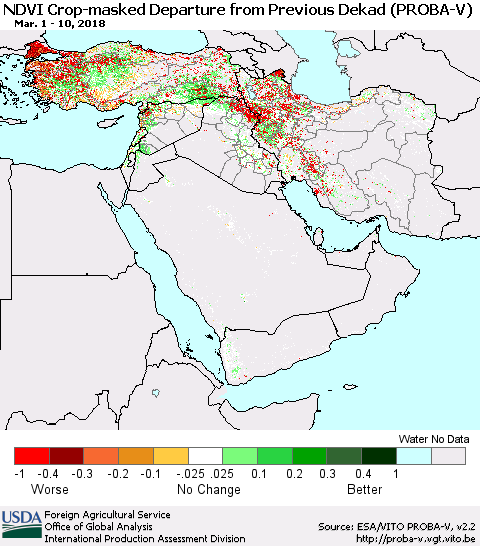 Middle East and Turkey NDVI Crop-masked Departure from Previous Dekad (PROBA-V) Thematic Map For 3/1/2018 - 3/10/2018