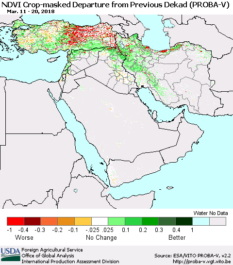 Middle East and Turkey NDVI Crop-masked Departure from Previous Dekad (PROBA-V) Thematic Map For 3/11/2018 - 3/20/2018
