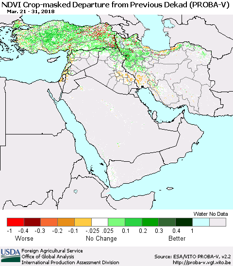 Middle East and Turkey NDVI Crop-masked Departure from Previous Dekad (PROBA-V) Thematic Map For 3/21/2018 - 3/31/2018