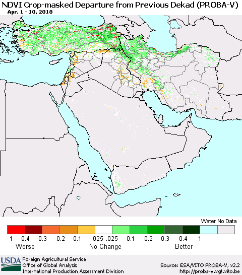 Middle East and Turkey NDVI Crop-masked Departure from Previous Dekad (PROBA-V) Thematic Map For 4/1/2018 - 4/10/2018