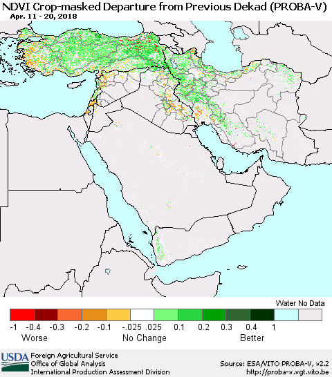 Middle East and Turkey NDVI Crop-masked Departure from Previous Dekad (PROBA-V) Thematic Map For 4/11/2018 - 4/20/2018