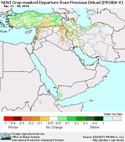 Middle East and Turkey NDVI Crop-masked Departure from Previous Dekad (PROBA-V) Thematic Map For 4/21/2018 - 4/30/2018