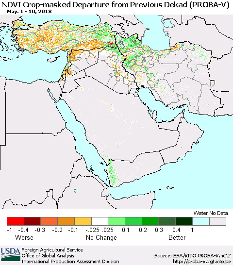 Middle East and Turkey NDVI Crop-masked Departure from Previous Dekad (PROBA-V) Thematic Map For 5/1/2018 - 5/10/2018