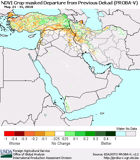 Middle East and Turkey NDVI Crop-masked Departure from Previous Dekad (PROBA-V) Thematic Map For 5/21/2018 - 5/31/2018