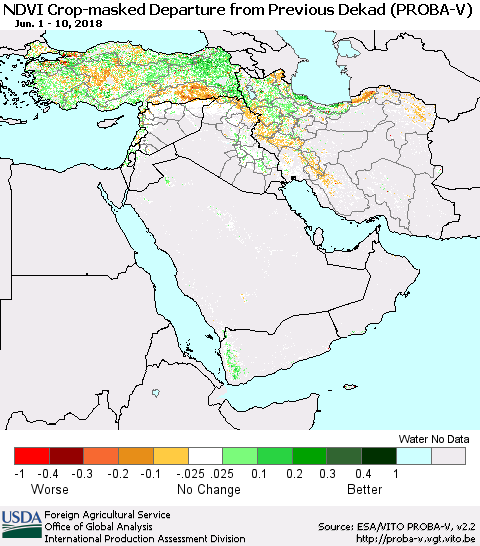 Middle East and Turkey NDVI Crop-masked Departure from Previous Dekad (PROBA-V) Thematic Map For 6/1/2018 - 6/10/2018