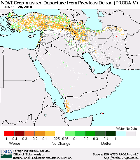 Middle East and Turkey NDVI Crop-masked Departure from Previous Dekad (PROBA-V) Thematic Map For 6/11/2018 - 6/20/2018