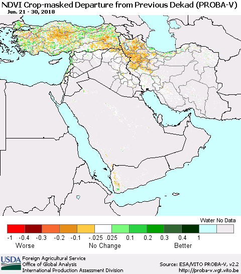 Middle East and Turkey NDVI Crop-masked Departure from Previous Dekad (PROBA-V) Thematic Map For 6/21/2018 - 6/30/2018