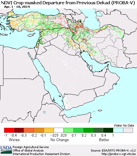 Middle East and Turkey NDVI Crop-masked Departure from Previous Dekad (PROBA-V) Thematic Map For 4/1/2019 - 4/10/2019