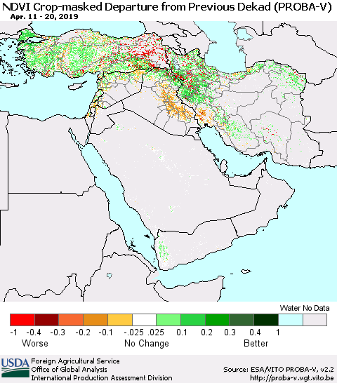Middle East and Turkey NDVI Crop-masked Departure from Previous Dekad (PROBA-V) Thematic Map For 4/11/2019 - 4/20/2019