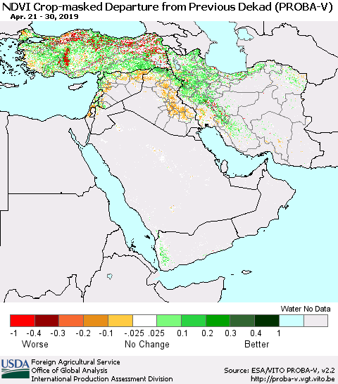 Middle East and Turkey NDVI Crop-masked Departure from Previous Dekad (PROBA-V) Thematic Map For 4/21/2019 - 4/30/2019