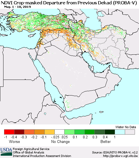 Middle East and Turkey NDVI Crop-masked Departure from Previous Dekad (PROBA-V) Thematic Map For 5/1/2019 - 5/10/2019