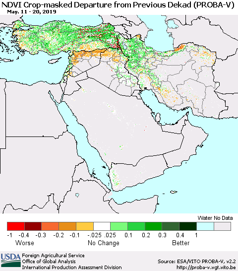 Middle East and Turkey NDVI Crop-masked Departure from Previous Dekad (PROBA-V) Thematic Map For 5/11/2019 - 5/20/2019