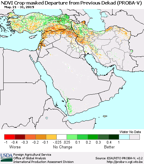 Middle East and Turkey NDVI Crop-masked Departure from Previous Dekad (PROBA-V) Thematic Map For 5/21/2019 - 5/31/2019