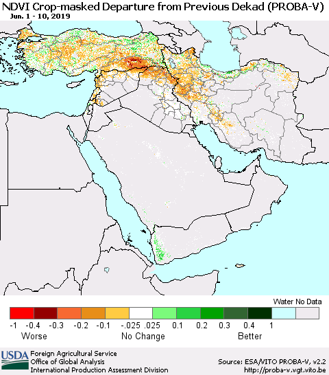 Middle East and Turkey NDVI Crop-masked Departure from Previous Dekad (PROBA-V) Thematic Map For 6/1/2019 - 6/10/2019