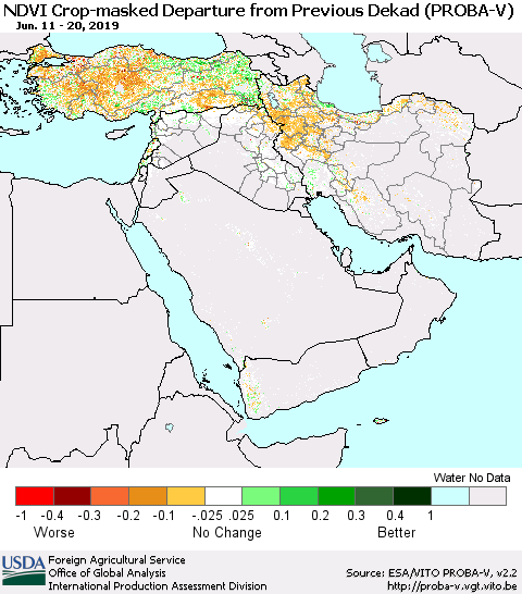 Middle East and Turkey NDVI Crop-masked Departure from Previous Dekad (PROBA-V) Thematic Map For 6/11/2019 - 6/20/2019