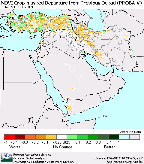 Middle East and Turkey NDVI Crop-masked Departure from Previous Dekad (PROBA-V) Thematic Map For 6/21/2019 - 6/30/2019