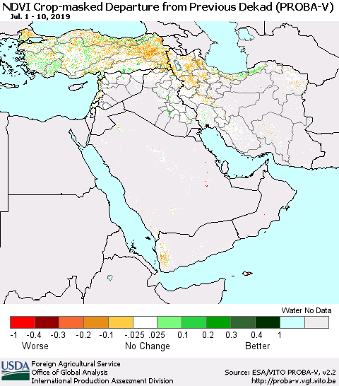 Middle East and Turkey NDVI Crop-masked Departure from Previous Dekad (PROBA-V) Thematic Map For 7/1/2019 - 7/10/2019