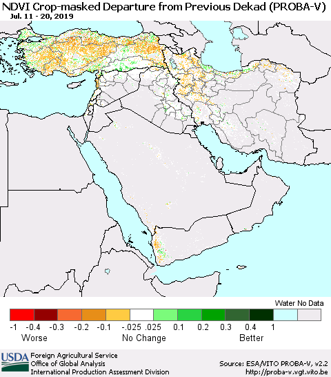 Middle East and Turkey NDVI Crop-masked Departure from Previous Dekad (PROBA-V) Thematic Map For 7/11/2019 - 7/20/2019