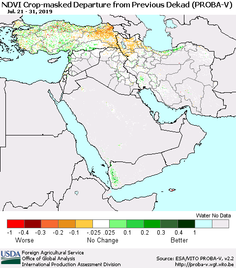 Middle East and Turkey NDVI Crop-masked Departure from Previous Dekad (PROBA-V) Thematic Map For 7/21/2019 - 7/31/2019