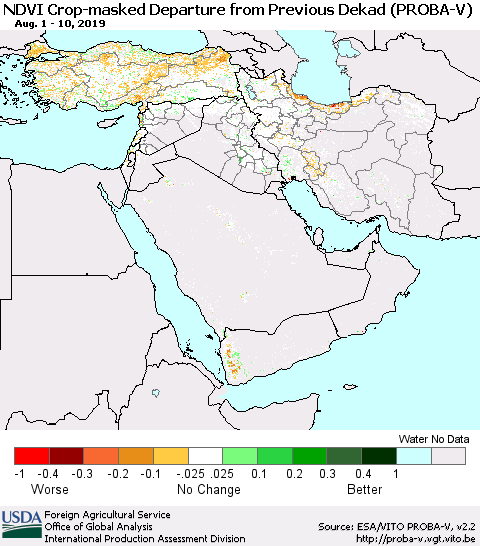 Middle East and Turkey NDVI Crop-masked Departure from Previous Dekad (PROBA-V) Thematic Map For 8/1/2019 - 8/10/2019