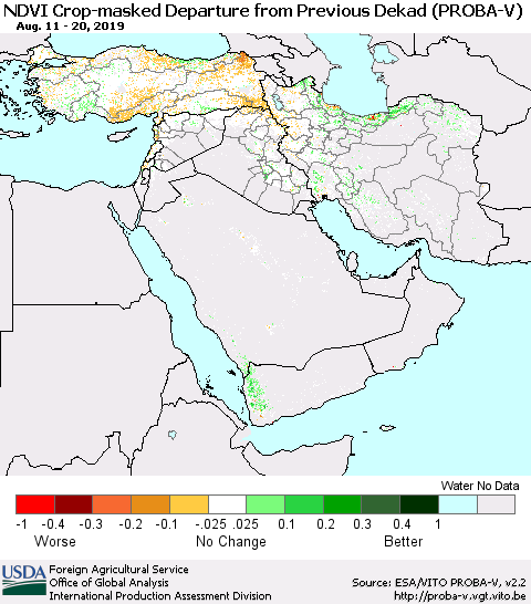 Middle East and Turkey NDVI Crop-masked Departure from Previous Dekad (PROBA-V) Thematic Map For 8/11/2019 - 8/20/2019