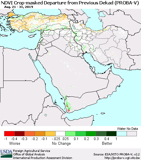 Middle East and Turkey NDVI Crop-masked Departure from Previous Dekad (PROBA-V) Thematic Map For 8/21/2019 - 8/31/2019