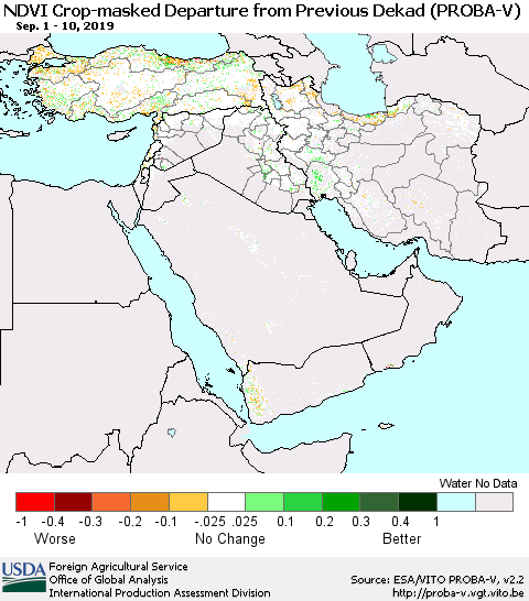 Middle East and Turkey NDVI Crop-masked Departure from Previous Dekad (PROBA-V) Thematic Map For 9/1/2019 - 9/10/2019