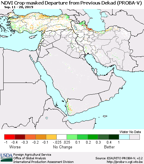 Middle East and Turkey NDVI Crop-masked Departure from Previous Dekad (PROBA-V) Thematic Map For 9/11/2019 - 9/20/2019