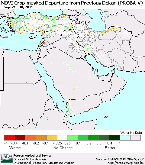 Middle East and Turkey NDVI Crop-masked Departure from Previous Dekad (PROBA-V) Thematic Map For 9/21/2019 - 9/30/2019