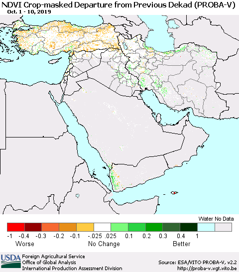 Middle East and Turkey NDVI Crop-masked Departure from Previous Dekad (PROBA-V) Thematic Map For 10/1/2019 - 10/10/2019