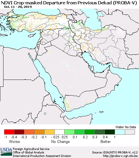 Middle East and Turkey NDVI Crop-masked Departure from Previous Dekad (PROBA-V) Thematic Map For 10/11/2019 - 10/20/2019