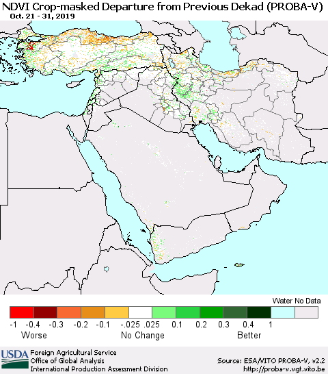 Middle East and Turkey NDVI Crop-masked Departure from Previous Dekad (PROBA-V) Thematic Map For 10/21/2019 - 10/31/2019