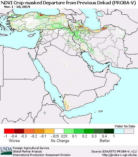 Middle East and Turkey NDVI Crop-masked Departure from Previous Dekad (PROBA-V) Thematic Map For 11/1/2019 - 11/10/2019
