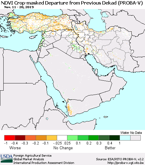 Middle East and Turkey NDVI Crop-masked Departure from Previous Dekad (PROBA-V) Thematic Map For 11/11/2019 - 11/20/2019