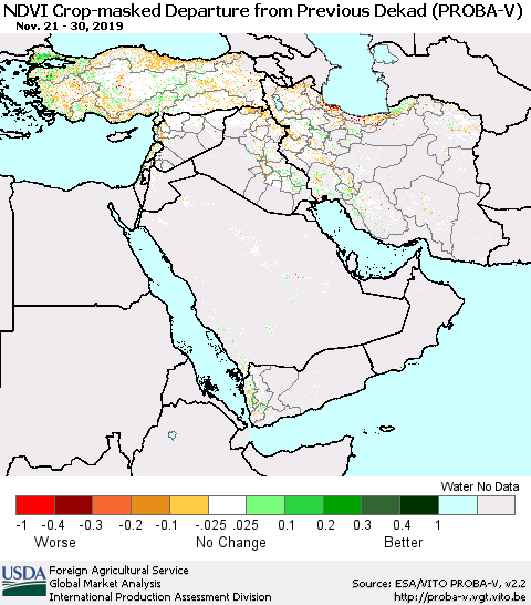 Middle East and Turkey NDVI Crop-masked Departure from Previous Dekad (PROBA-V) Thematic Map For 11/21/2019 - 11/30/2019
