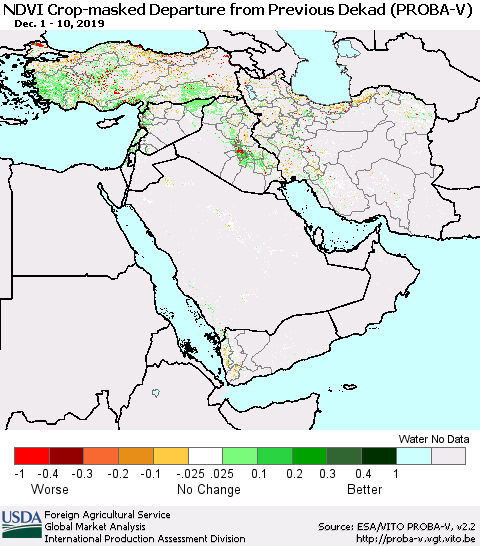 Middle East and Turkey NDVI Crop-masked Departure from Previous Dekad (PROBA-V) Thematic Map For 12/1/2019 - 12/10/2019
