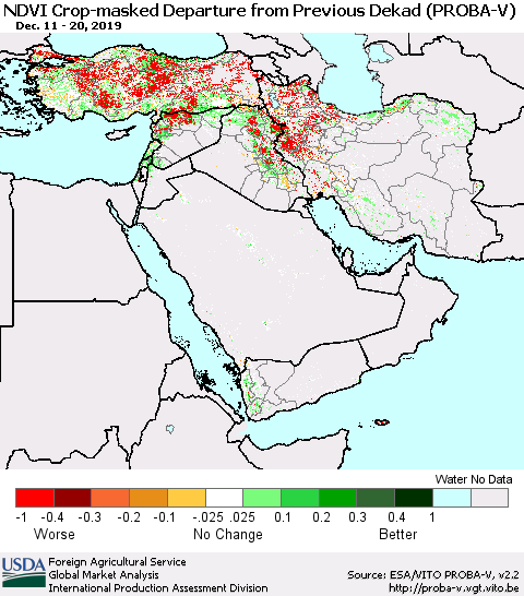 Middle East and Turkey NDVI Crop-masked Departure from Previous Dekad (PROBA-V) Thematic Map For 12/11/2019 - 12/20/2019