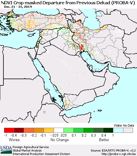 Middle East and Turkey NDVI Crop-masked Departure from Previous Dekad (PROBA-V) Thematic Map For 12/21/2019 - 12/31/2019